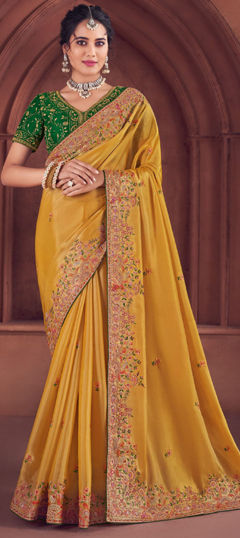 Yellow color Saree in Organza Silk fabric with Embroidered, Resham, Sequence, Thread work