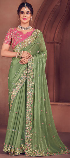 Green color Saree in Organza Silk fabric with Embroidered, Resham, Sequence, Thread work