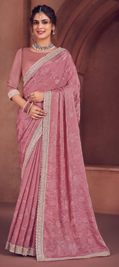 Pink and Majenta color Saree in Organza Silk fabric with Embroidered, Resham, Sequence, Thread work