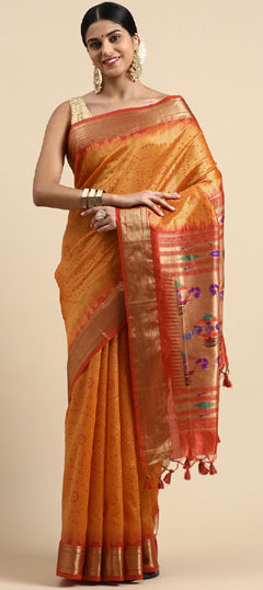 Orange color Saree in Art Silk fabric with Bandhej, Printed, Weaving, Zari work