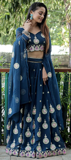 Blue color Lehenga in Georgette fabric with Embroidered, Sequence, Thread work