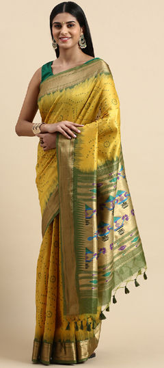 Yellow color Saree in Art Silk fabric with Bandhej, Printed, Weaving, Zari work