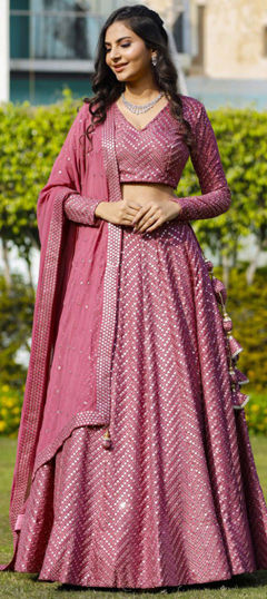 Pink and Majenta color Lehenga in Faux Georgette fabric with Embroidered, Sequence, Thread work