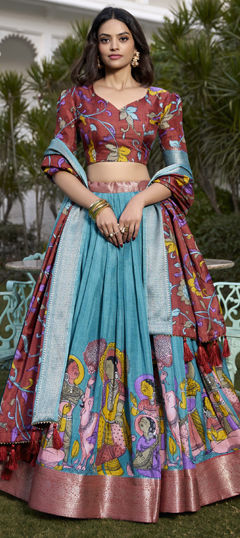 Blue color Lehenga in Art Silk fabric with Printed, Weaving work