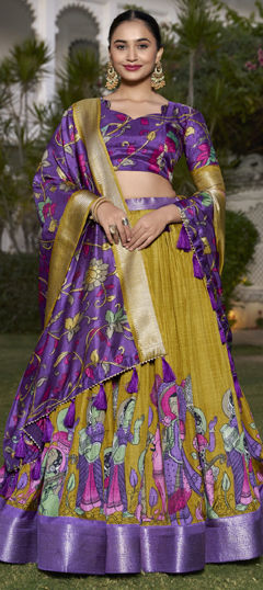 Yellow color Lehenga in Art Silk fabric with Printed, Weaving work