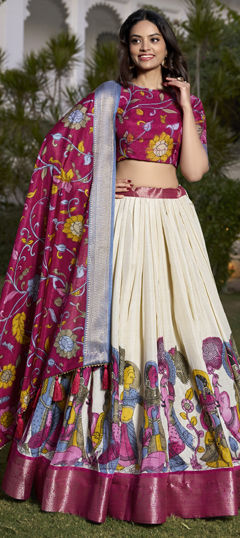 White and Off White color Lehenga in Art Silk fabric with Printed, Weaving work