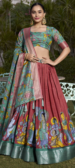 Red and Maroon color Lehenga in Art Silk fabric with Printed, Weaving work