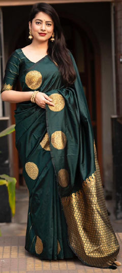 Green color Saree in Jacquard fabric with Weaving work