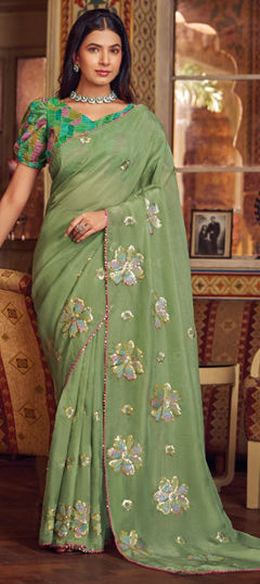 Green color Saree in Chiffon fabric with Sequence work