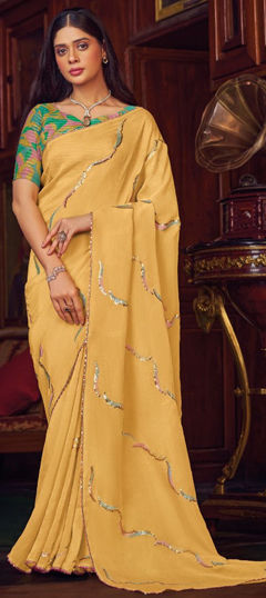 Yellow color Saree in Chiffon fabric with Sequence work