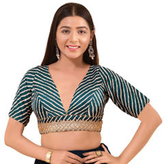 Blue color Blouse in Brocade fabric with Lehariya, Printed, Sequence work