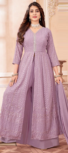 Purple and Violet color Salwar Kameez in Georgette fabric with Embroidered, Sequence, Thread, Zari work