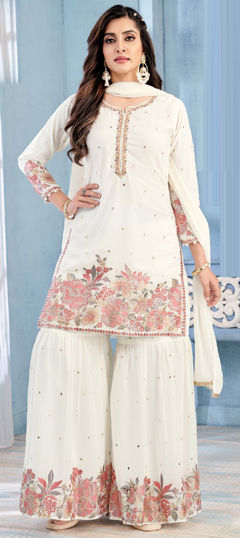 White and Off White color Salwar Kameez in Georgette fabric with Embroidered, Sequence, Thread, Zari work