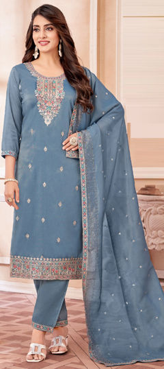 Black and Grey color Salwar Kameez in Silk fabric with Embroidered, Sequence, Thread, Zari work