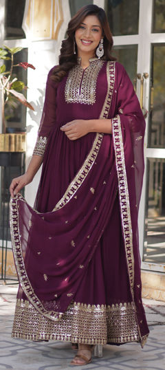 Purple and Violet color Gown in Faux Georgette fabric with Embroidered, Sequence, Thread work