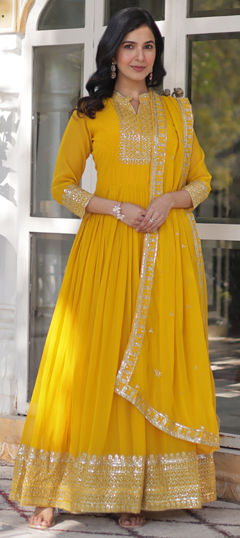 Yellow color Gown in Faux Georgette fabric with Embroidered, Sequence, Thread work