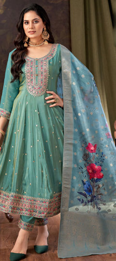 Green color Salwar Kameez in Silk fabric with Embroidered, Sequence, Thread, Zari work