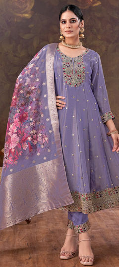 Purple and Violet color Salwar Kameez in Silk fabric with Embroidered, Sequence, Thread, Zari work