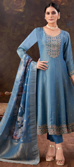 Blue color Salwar Kameez in Silk fabric with Embroidered, Sequence, Thread, Zari work