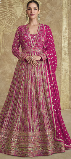 Pink and Majenta color Gown in Georgette fabric with Embroidered, Sequence, Thread, Zari work