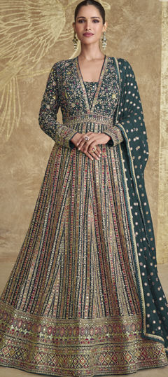 Blue color Gown in Georgette fabric with Embroidered, Sequence, Thread, Zari work