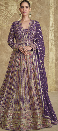 Purple and Violet color Gown in Georgette fabric with Embroidered, Sequence, Thread, Zari work