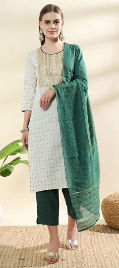 White and Off White color Salwar Kameez in Cotton fabric with Sequence, Thread, Zari work