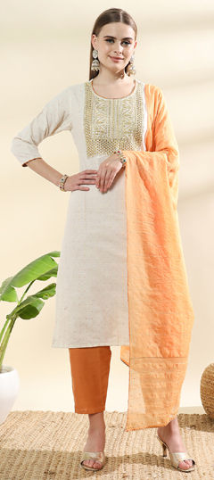 White and Off White color Salwar Kameez in Cotton fabric with Sequence, Thread, Zari work