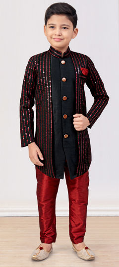 Black and Grey, Red and Maroon color Boys Indo-Western in Banarasi Silk fabric with Embroidered, Stone, Thread work