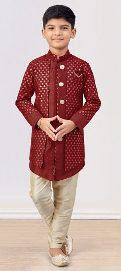 Red and Maroon color Boys Indo-Western in Banarasi Silk fabric with Embroidered, Stone, Thread work