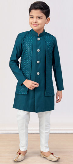 Green color Boys Indo-Western in Silk fabric with Embroidered, Stone, Thread work