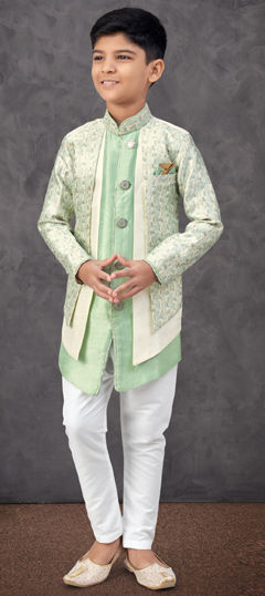 Green, White and Off White color Boys Indo-Western in Banarasi Silk fabric with Embroidered, Sequence, Thread work