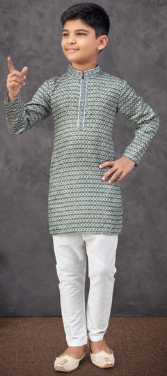 Green, White and Off White color Boys Kurta Pyjama in Rayon fabric with Digital Print, Embroidered, Thread work