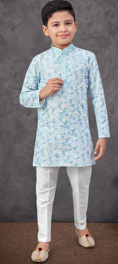 Blue, White and Off White color Boys Kurta Pyjama in Rayon fabric with Digital Print, Embroidered, Thread work