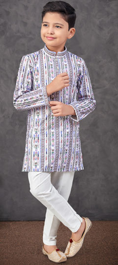 Blue, White and Off White color Boys Kurta Pyjama in Rayon fabric with Digital Print, Embroidered, Thread work