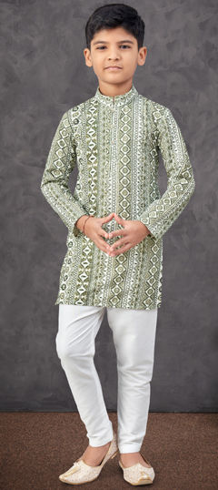 Green, White and Off White color Boys Kurta Pyjama in Rayon fabric with Digital Print, Embroidered, Thread work