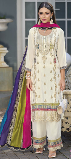White and Off White color Salwar Kameez in Chiffon fabric with Embroidered, Mirror, Thread work