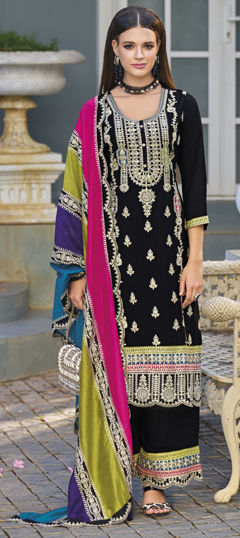 Black and Grey color Salwar Kameez in Chiffon fabric with Embroidered, Mirror, Thread work