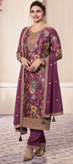 Pink and Majenta color Salwar Kameez in Silk fabric with Digital Print, Embroidered, Floral, Zari work