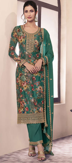 Green color Salwar Kameez in Silk fabric with Digital Print, Embroidered, Floral, Zari work