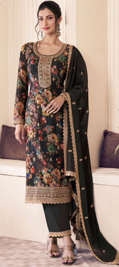 Black and Grey color Salwar Kameez in Silk fabric with Digital Print, Embroidered, Floral, Zari work