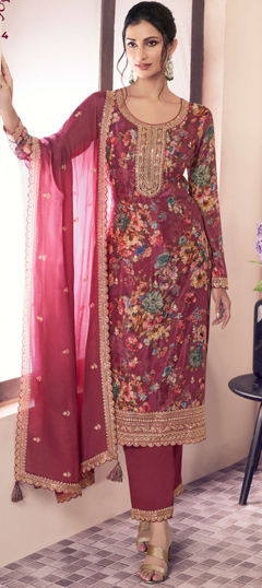 Red and Maroon color Salwar Kameez in Silk fabric with Digital Print, Embroidered, Floral, Zari work