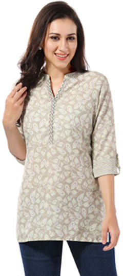 Beige and Brown color Kurti in Rayon fabric with Printed work