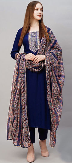 Blue color Salwar Kameez in Rayon fabric with Digital Print work