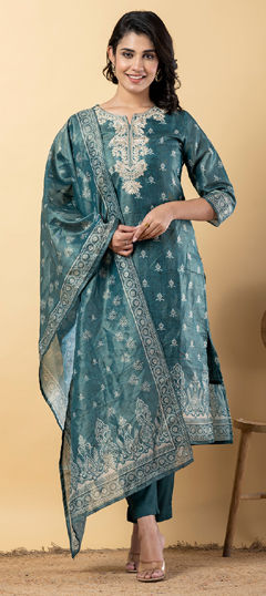 Green color Salwar Kameez in Silk fabric with Embroidered, Printed, Thread, Zari work