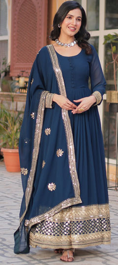 Blue color Gown in Faux Georgette fabric with Embroidered, Thread, Zari work