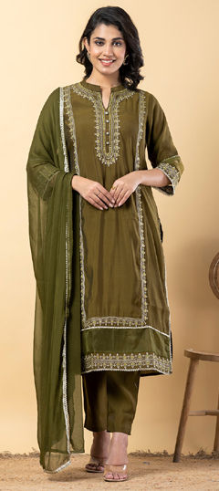 Green color Salwar Kameez in Muslin fabric with Embroidered, Resham, Sequence, Thread, Zari work