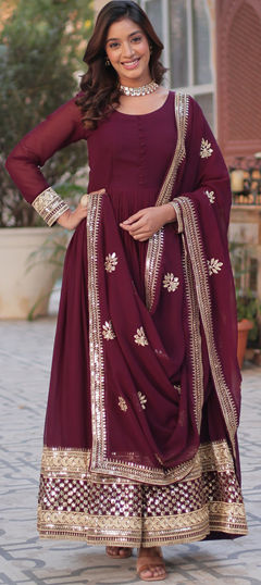 Red and Maroon color Gown in Faux Georgette fabric with Embroidered, Thread, Zari work