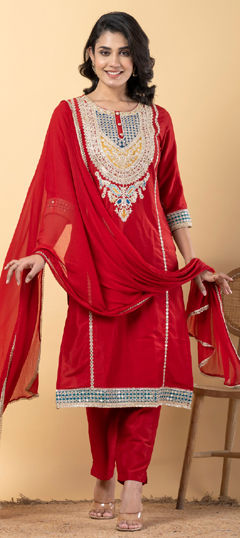 Red and Maroon color Salwar Kameez in Muslin fabric with Embroidered, Resham, Sequence, Thread, Zari work