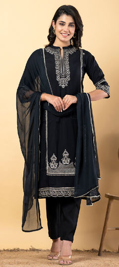 Black and Grey color Salwar Kameez in Cotton fabric with Embroidered, Resham, Sequence, Thread work